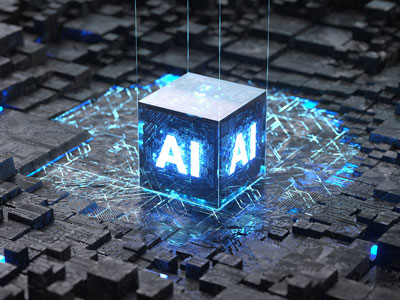Cube lit up with the letters AI